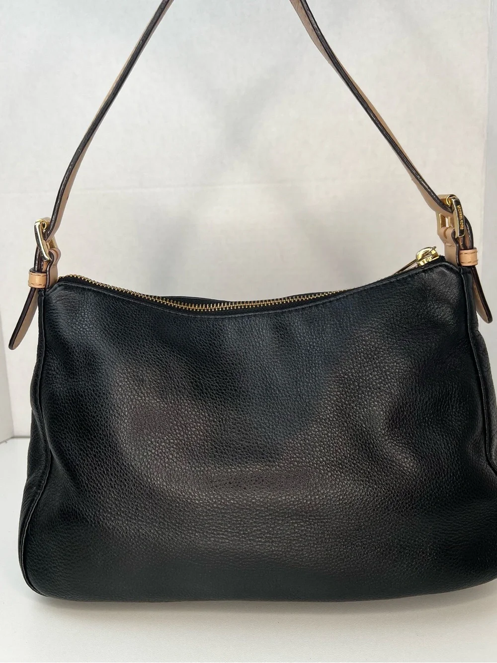 Michael Kors Black Pebbled Leather Shoulder Bag with Tan Trim